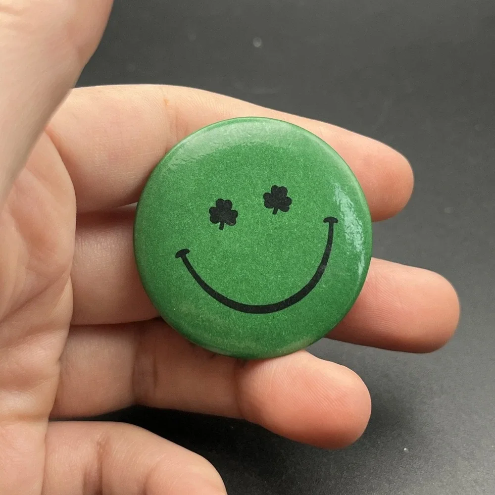 Shamrock Four Leaf Clover Smiley‎ Face Button Pin
